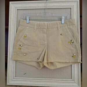 J. Crew distressed Khaki cut off shorts w embellished stone and crystals. NWOT 2